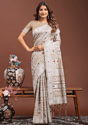 Brown Linen Cotton Weaving Work  Saree
