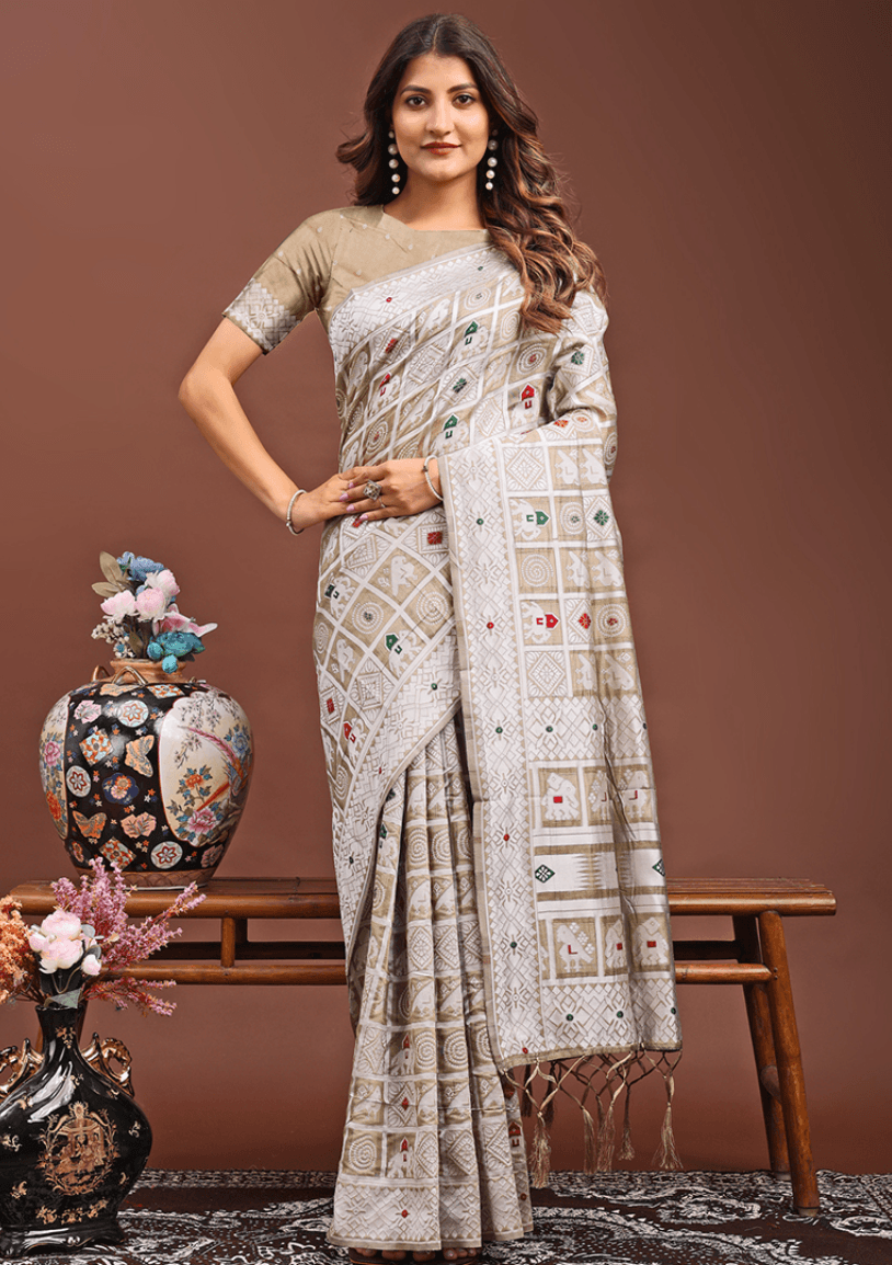 Brown Linen Cotton Weaving Work  Saree