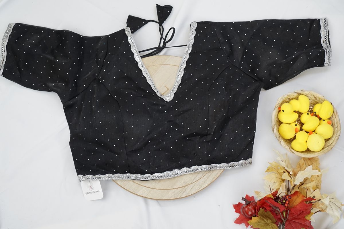 Black Silver-Trim Party Wear Blouse with Elbow Sleeves