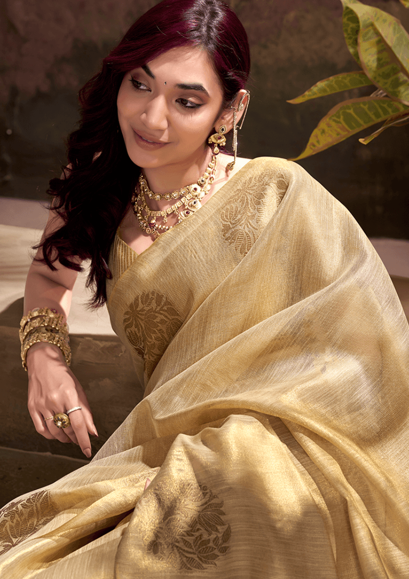 Beige Tissue Silk Weaving Work Saree