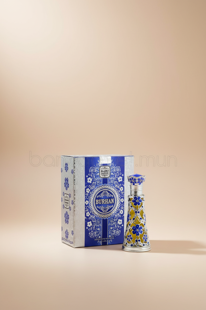 Perfume bottle with floral design next to its decorative box labeled 'Burhan'.