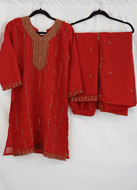 Classic Red Mirror Work Georgette Kurti Set