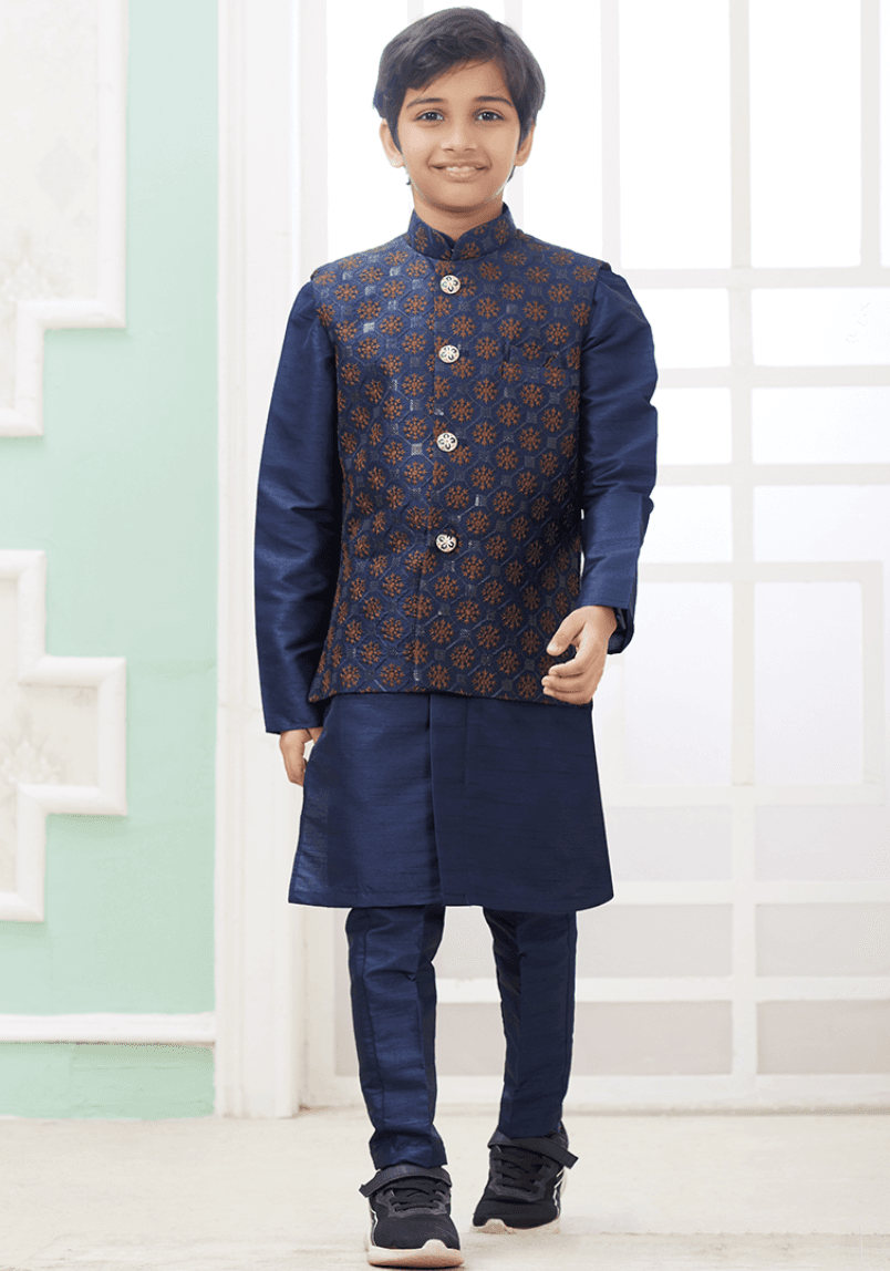 Dark Blue Art Banarasi Silk Printed Readymade Kurta Pajama