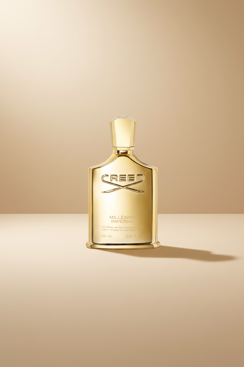 Gold Creed perfume bottle on a light gray background