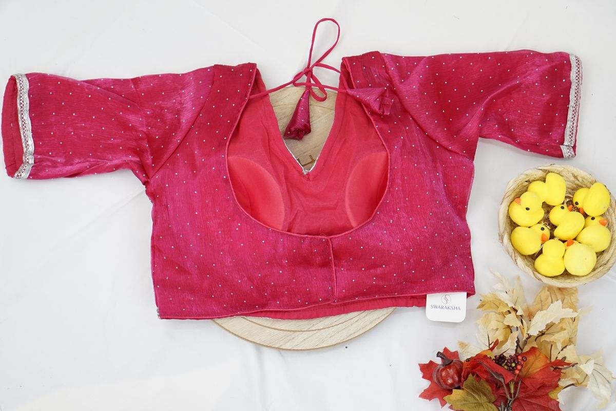 Rani Pink Silver-Trim Party Wear Blouse with Elbow Sleeves