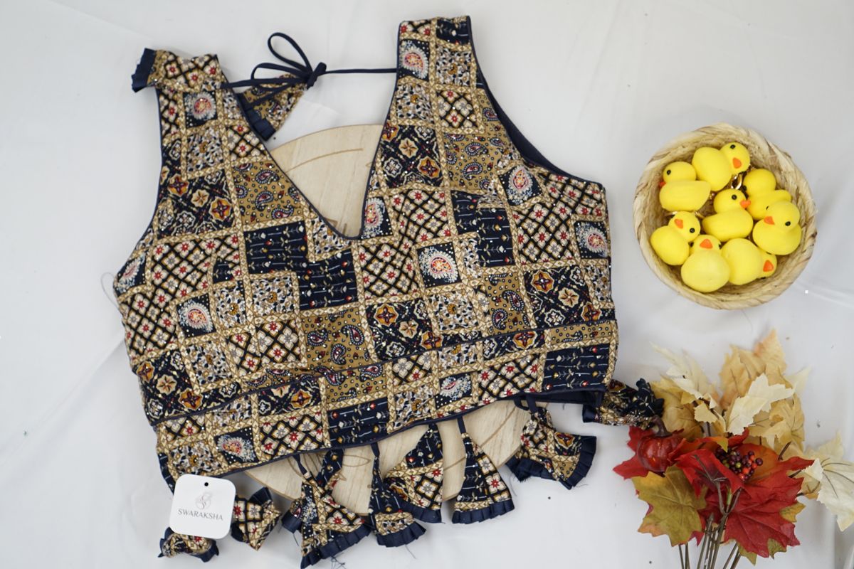 Navy & Mustard Patchwork Tassel Blouse