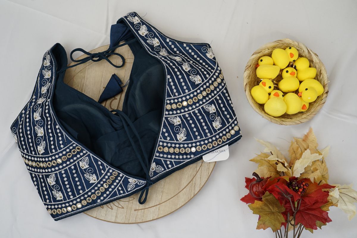 Navy Blue Embroidered Mirror Work Garba Blouse