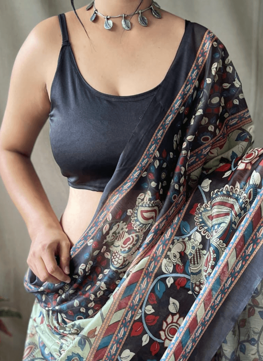 Olive Green & Maroon Kalamkari Printed Saree with Artistic Border
