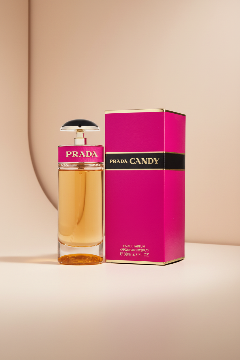 Prada Candy perfume bottle and packaging on a white background