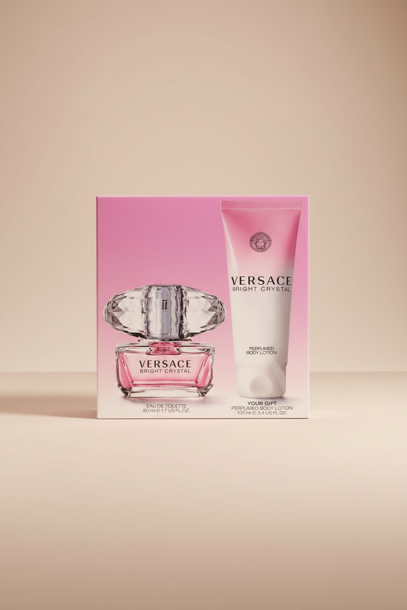 Versace Bright Crystal perfume set with bottle and lotion on a pink background