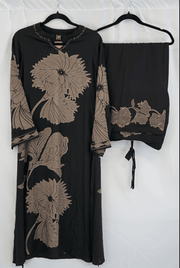 Black Beige Floral Printed Kurta Set with Embellished Dupatta