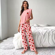 Strawberry Pink Ruffle Sleeve Cotton Pajama Set+