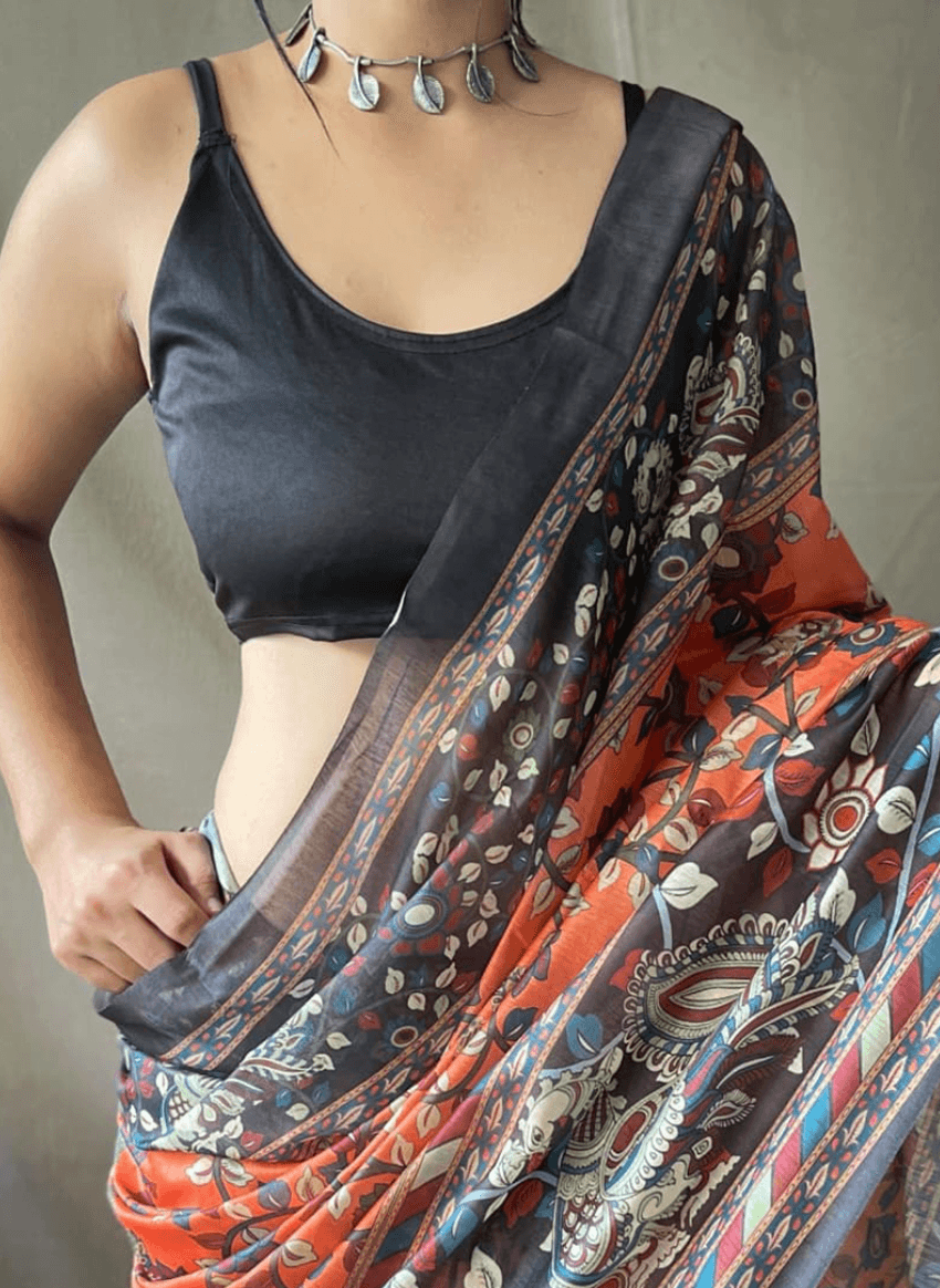 Elegant Rust & Black Kalamkari Printed Saree