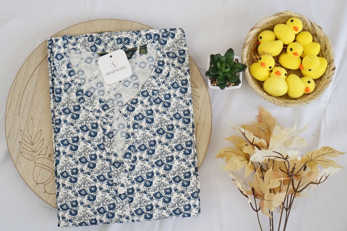 White & Blue Floral Printed Cotton Kurta