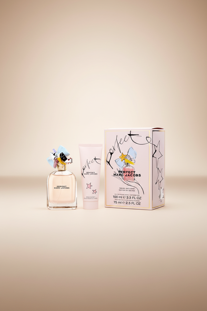 Marc Jacobs Perfect perfume set with bottle, lotion, and packaging on a white background