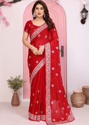 Red Fendi Chiffon Embroidery Work  Saree
