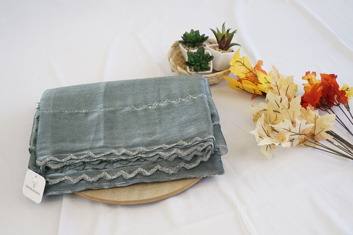 Sage Green Silk Saree with Silver Mirror Work Border