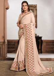 Nude Pink Silk Georgette Embroidery Work Saree