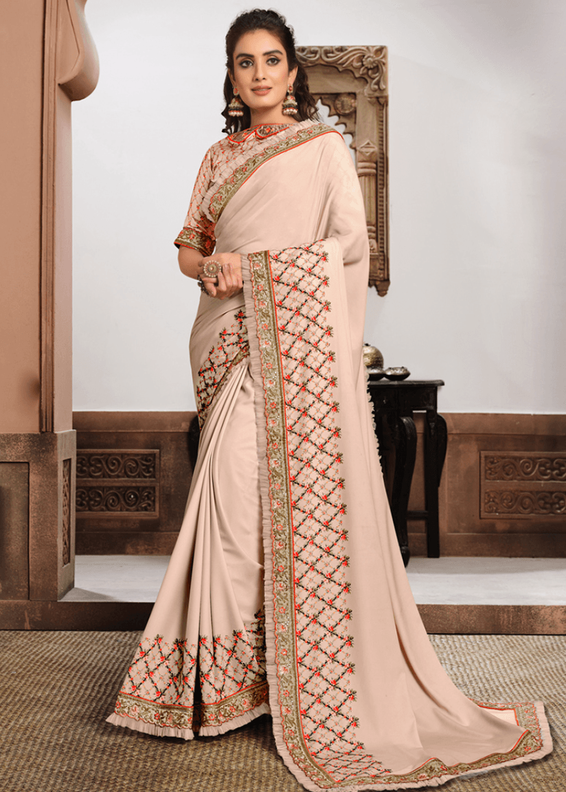 Nude Pink Silk Georgette Embroidery Work Saree
