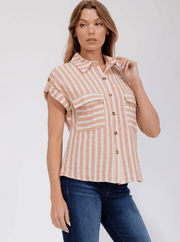 Peach & Cream Striped Button-Up Short Sleeve Blou