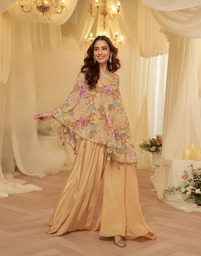 Peach Floral Cape Sharara Set