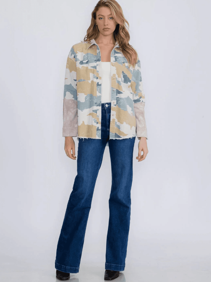 Women’s Camo Button-Up Denim Shacket with Hood