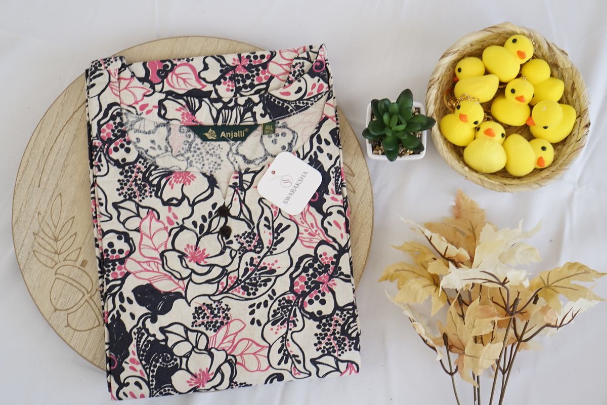 Cream Base Navy & Pink Floral Printed Cotton Kurta