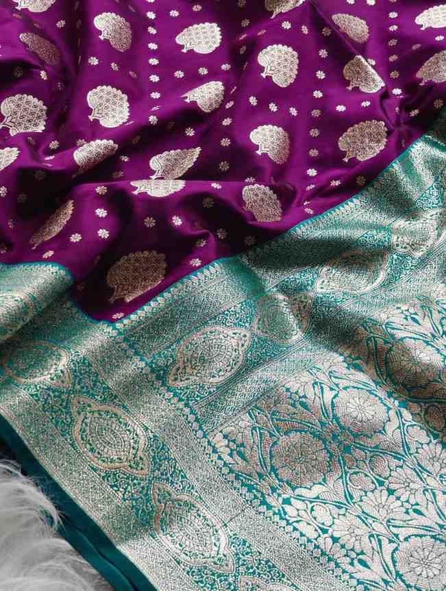Royal Purple with teal green Border Premium Banarasi Silk Saree with Red Border Premium Banarasi Silk Saree