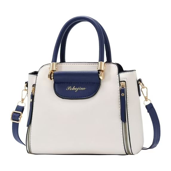 Two-Tone White and Navy Blue Satchel Handbag