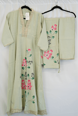 Sage Green Hand-Painted Floral Kurti Set with Lace Detailing