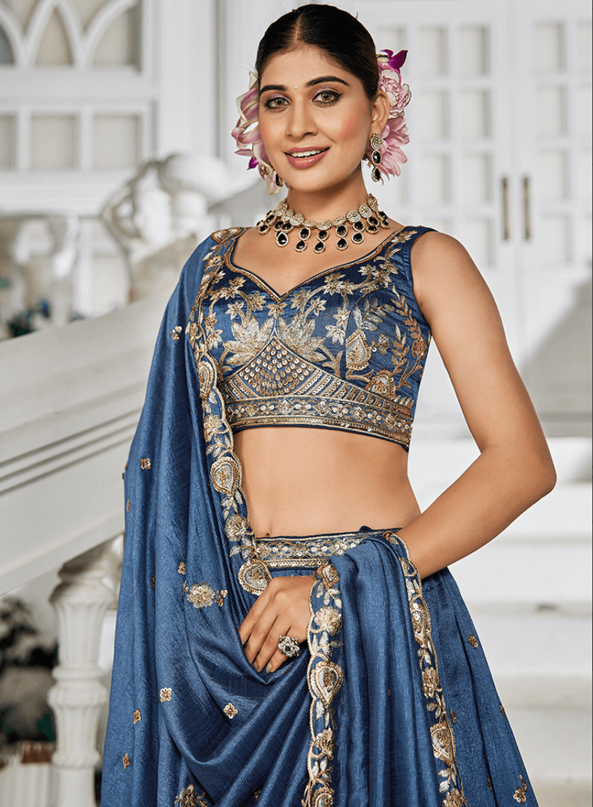 Navy Blue Chiffon Sequin Work Wedding Wear Lehenga Choli