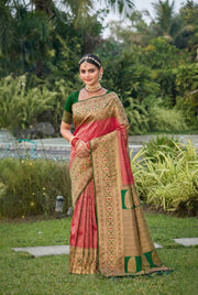 AG Crimson With Green Border  Banarasi Silk Saree
