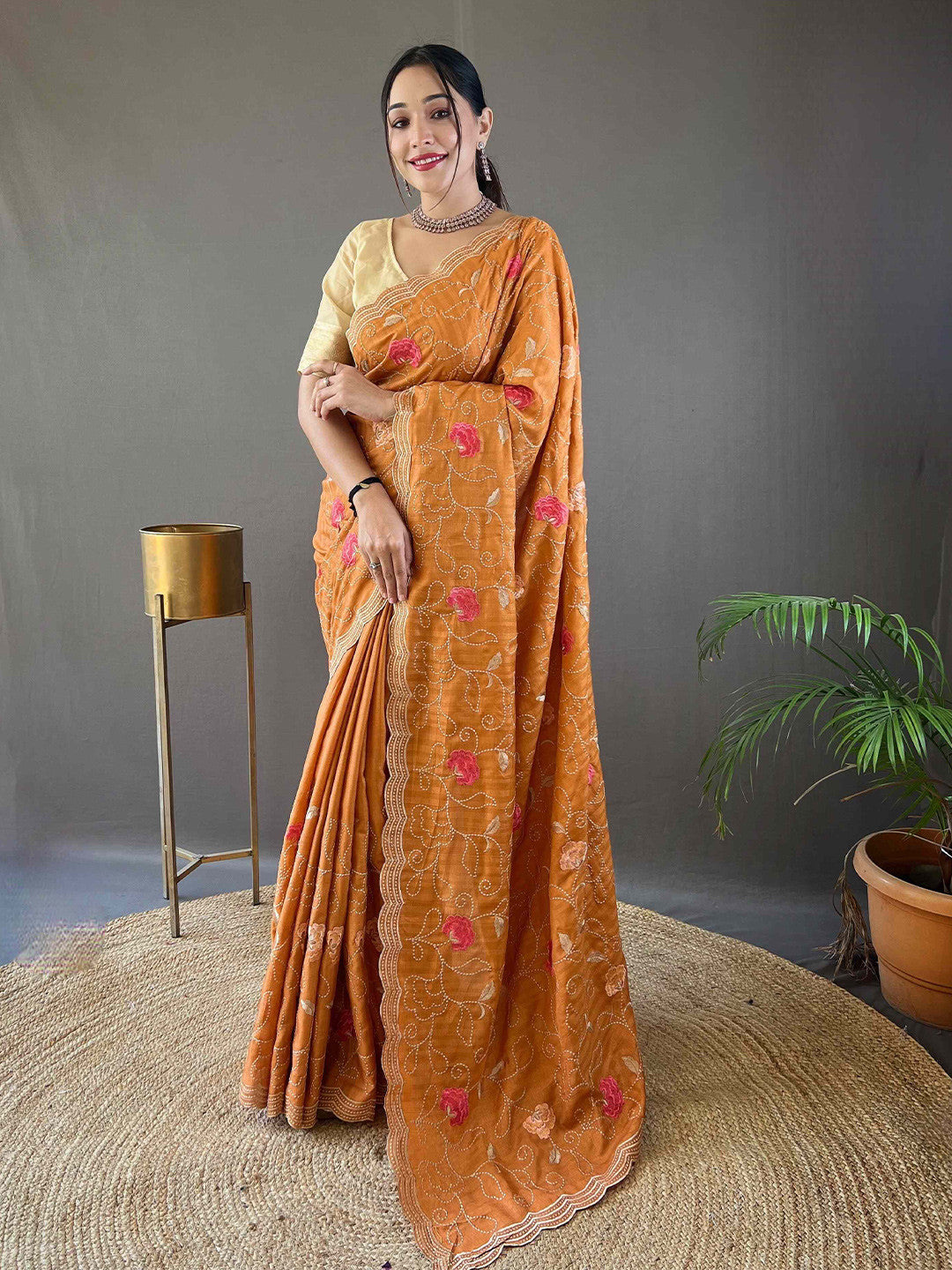 Amber Floral Swirl Embroidered Tussar Silk Saree