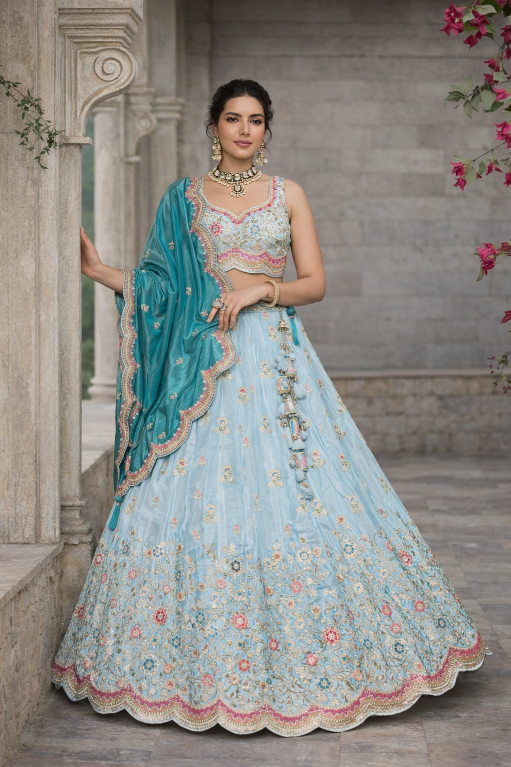 Aqua Blue Embroidered Net Lehenga with Contrasting Teal Dupatta