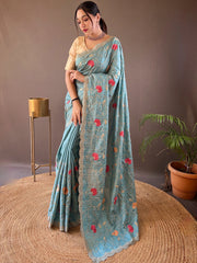 Aqua Blue Floral Swirl Embroidered Tussar Silk Saree