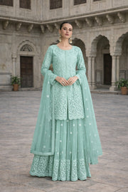 Aqua Mint Embroidered Net Sharara Set With Jacket-Style Kurti & Dupatta
