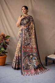 Beige & Black Kalamkari Printed Saree with Contrast Border