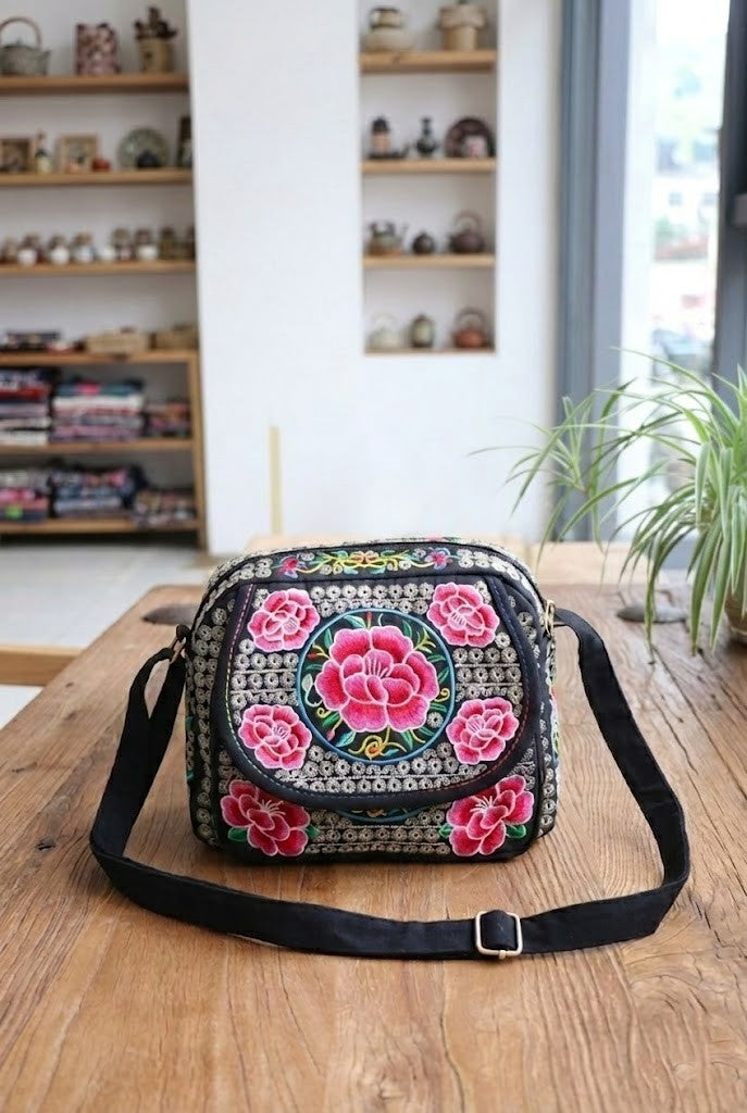 Black Sling Bag with Pink Floral Embroidery