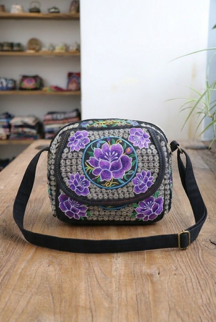 Black Sling Bag with Purple Floral Embroidery