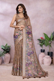Caramel Brown Linen Saree With Floral Print