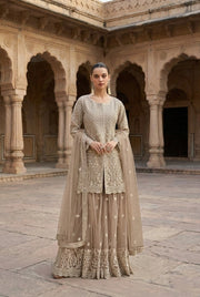 Champagne Embroidered Net Sharara Set With Jacket-Style Kurti & Dupatta