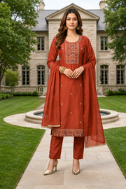 Maitry Rust Orange Roman Silk Embroidered Kurta Set with Dupatta