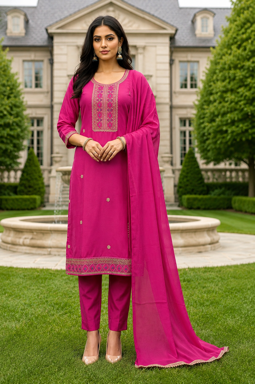 Maitry Hot Pink Roman Silk Embroidered Kurta Set with Dupatta