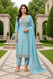 Maitry Sky Blue Roman Silk Embroidered Kurta Set with Dupatta