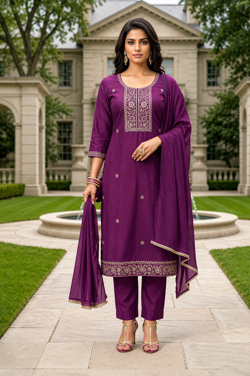 Maitry Deep Purple Roman Silk Embroidered Kurta Set with Dupatta