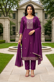 Maitry Deep Purple Roman Silk Embroidered Kurta Set with Dupatta