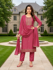 Maitry Rose Pink Roman Silk Embroidered Kurta Set with Dupatta