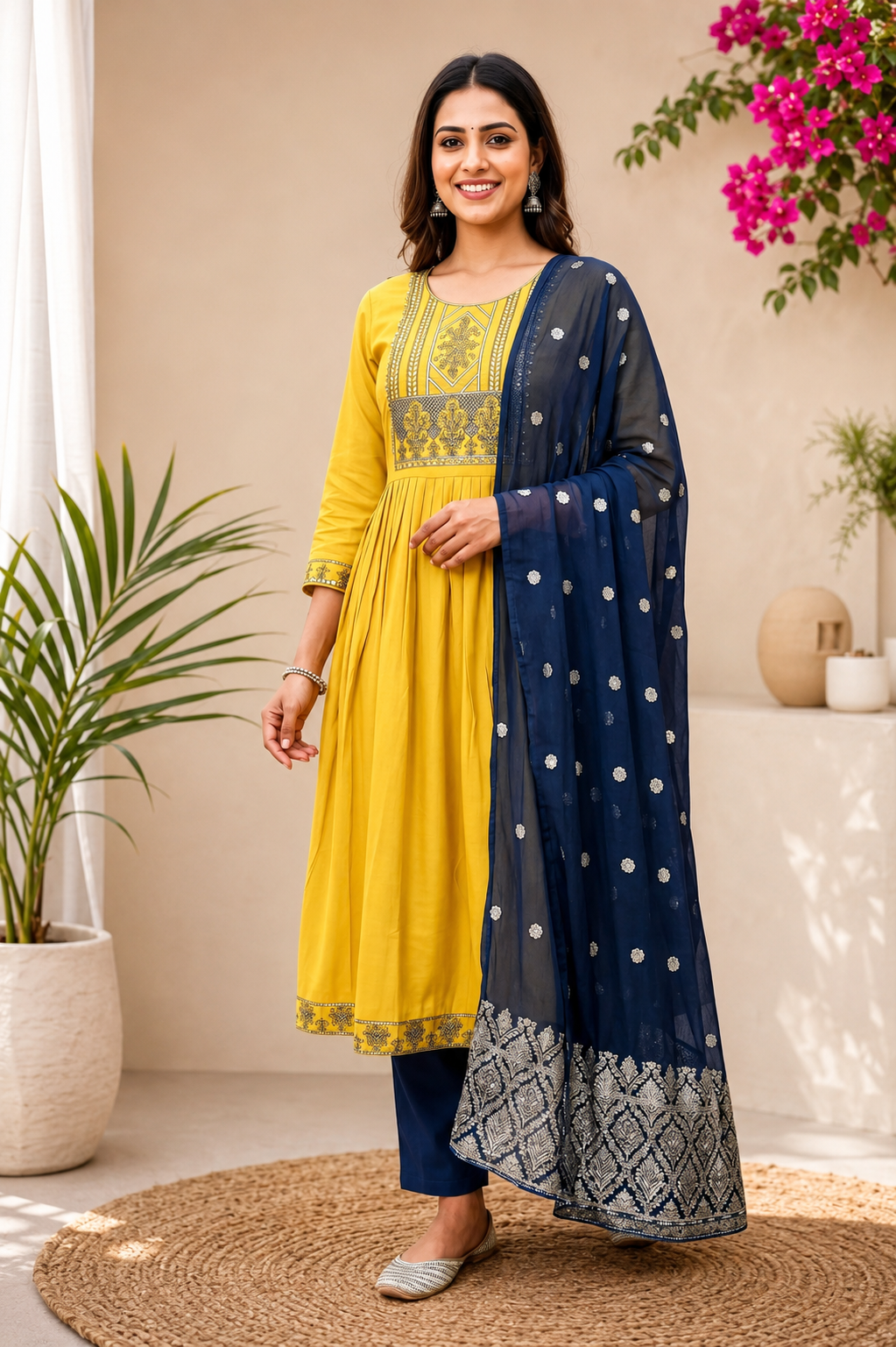 RiyaMustard Yellow Roman Silk Embroidered Anarkali Kurta Set with Navy Blue Dupatta