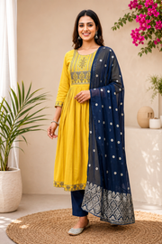 RiyaMustard Yellow Roman Silk Embroidered Anarkali Kurta Set with Navy Blue Dupatta
