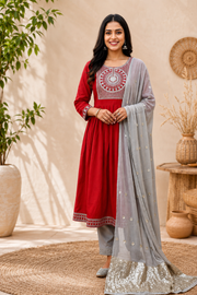 Riya Red Roman Silk Embroidered Anarkali Kurta Set with Grey Dupatta